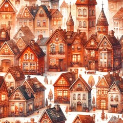 Fototapeta premium Whimsical village and town house illustrations featuring colorful and cozy homes. Watercolor pattern Illustration background.