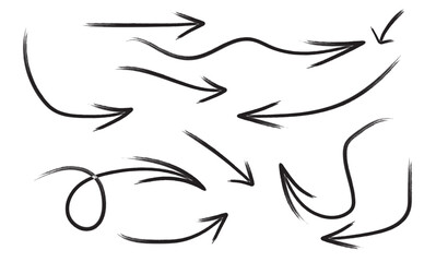 Set of black hand drawn grunge doodle spiral and curved charcoal, chalk arrows on white background. Scribble symbols of direction pointers, swirl arrow elements for infographic design