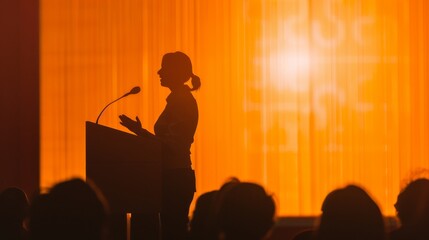 A silhouette of a person giving a speech on stage with an orange background, captured from the side with shadows of the audience in the foreground.
