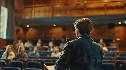 A speaker is giving a presentation in a large auditorium with an audience attentively listening, capturing an academic or professional environment.