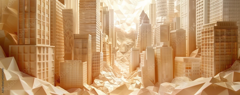Poster abstract 3d rendering of futuristic golden cityscape with tall skyscrapers and dynamic light effects