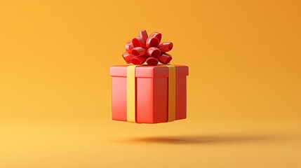 Floating red gift box with a yellow ribbon and bow, set against an orange background, epitomizing celebration and surprise.