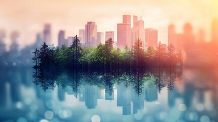 Fototapeta premium Cityscape expanding upward with small trees close up, focus on, copy space Lively downtown colors Double exposure silhouette with urban greenery