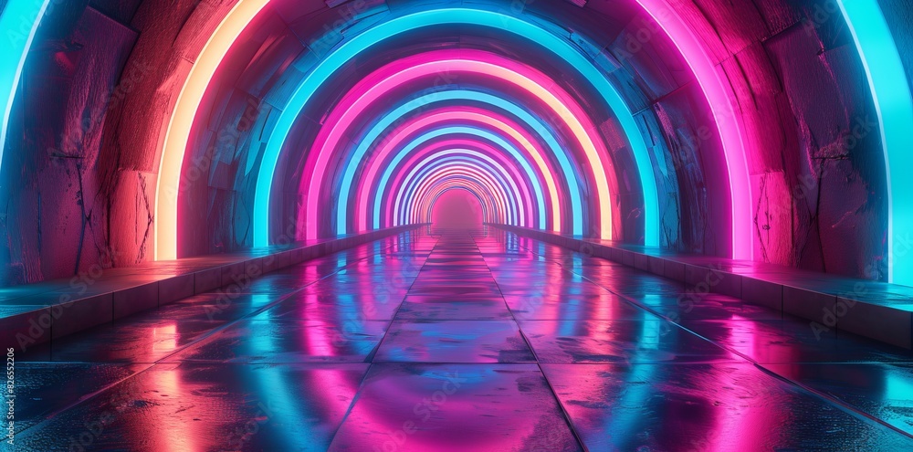 Aufkleber abstract colorful tunnel with glowing lights and neon arches. abstract background of futuristic corr
