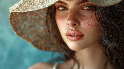 Enigmatic Close-Up of Woman Wearing a Straw Hat