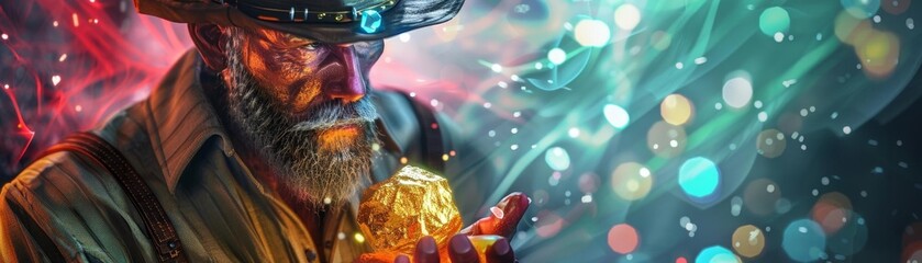 Illustration of a miner holding a gold nugget with a colorful background