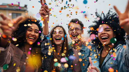 Friends celebrating with confetti outdoors