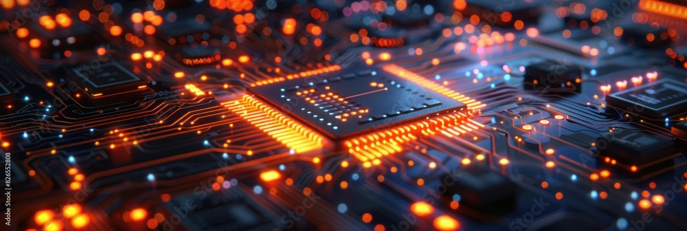 Poster detailed view of a circuit board displaying numerous illuminated lights