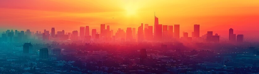 Obraz premium Urban skyline growing taller in a major city close up, focus on, copy space Brilliant city hues Double exposure silhouette with city growth