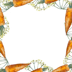 Square watercolor frame of vegetables isolated on a white background.