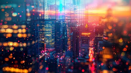 Obraz premium Metropolitan towers elevating with bright lights close up, focus on, copy space Vibrant urban tones Double exposure silhouette with urban glow