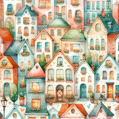Whimsical village and town house illustrations featuring colorful and cozy homes. Watercolor pattern Illustration background.