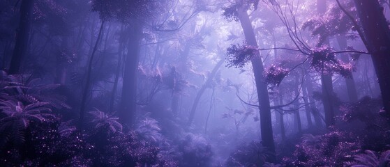 Visualize a dense forest blanketed in a layer of ethereal purple mist from a unique tilted perspective Utilize digital painting to infuse intricate details