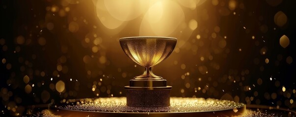 Golden trophy under a spotlight with sparkling bokeh effect, symbolizing achievement, success, and victory in a distinguished setting.