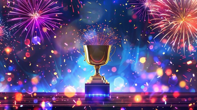 Gold trophy on stage with vibrant fireworks and colorful bokeh lights, celebrating victory and achievement.