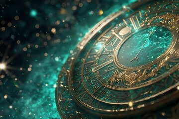 An illustration of a shiny golden and green astrolabe with a glowing turquoise background.