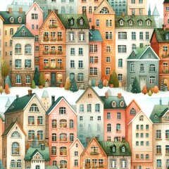 Fototapeta premium Whimsical village and town house illustrations featuring colorful and cozy homes. Watercolor pattern Illustration background.