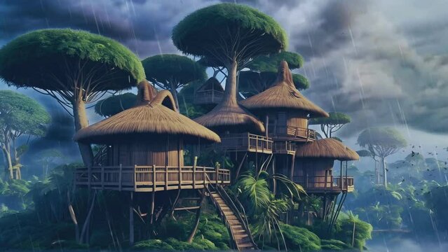 illustration of the atmosphere of a tribal house in the interior of the forest on a tree, seamless looping time lapse virtual 4k video animation background.