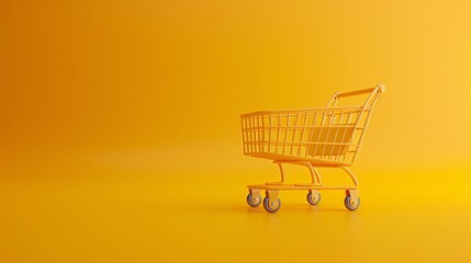 Minimalist yellow shopping cart on yellow background. Retail and grocery concept with vibrant color and modern design, ideal for e-commerce themes.