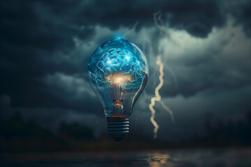 Creative idea concept, light bulb with brain floats next to lightning bolt