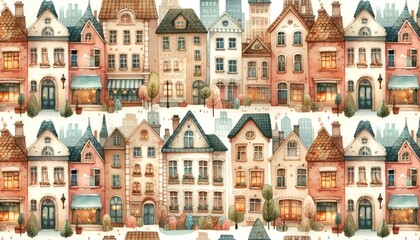 Fototapeta premium Whimsical village and town house illustrations featuring colorful and cozy homes. Watercolor pattern Illustration background.