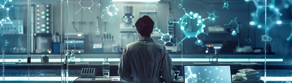 Poster scientist in a futuristic laboratory working with advanced technology and digital interfaces for sci