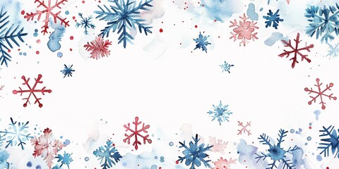 Empty watercolor illustration snowflakes frame border, copy space for winter holidays, Christmas, winter season product display, illustration, blue pastel color. 