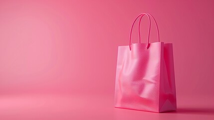 Minimalistic image of a pink shopping bag on a pink background, perfect for themes related to shopping, retail, and fashion.