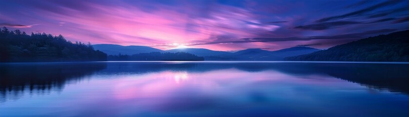 Fototapeta premium Serene lake at dusk with vibrant purple and blue sky reflecting on calm water, surrounded by silhouetted mountains and trees.
