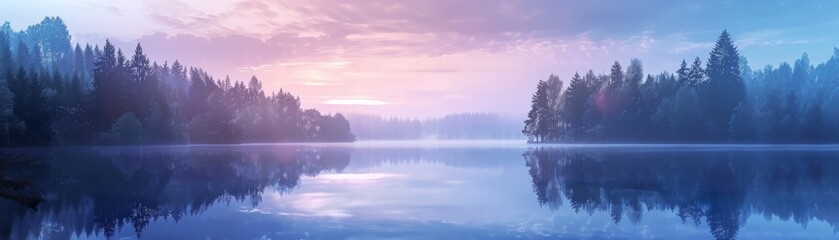Fototapeta premium Serene lake with misty mountains reflecting in the calm water at sunrise, with soothing pastel hues in the sky and a peaceful atmosphere.