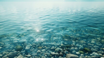 Fototapeta premium Serene ocean water with smooth pebbles visible beneath the clear surface, reflecting sunlight on a calm and peaceful day.
