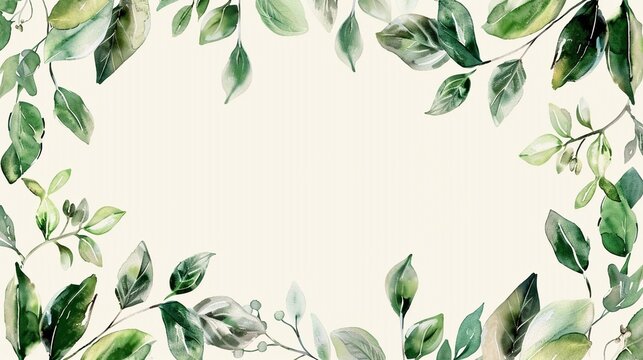 Watercolor invitation card frame design with copy space  for text, summer green plant branches leaves mock up border.