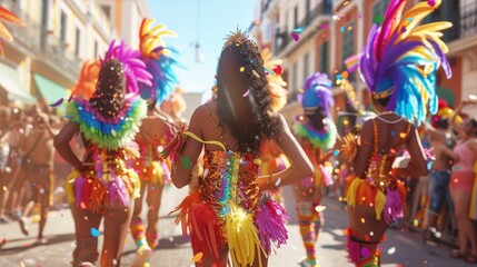 Colorful street carnival with vibrant costumes, dancers, and festive atmosphere in a lively urban setting under clear blue skies.