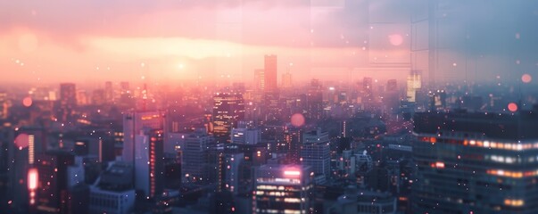 Fototapeta premium Stunning cityscape of a bustling metropolis at sunset, showcasing modern skyscrapers and vibrant city lights against a serene sky.