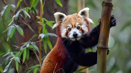 Red Pandas Vibrant Climb through a Dense Forest Exhibiting Curiosity and Agility