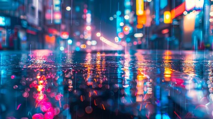 Vibrant city street at night with colorful lights reflecting on the wet pavement, creating a dreamy and surreal urban atmosphere.