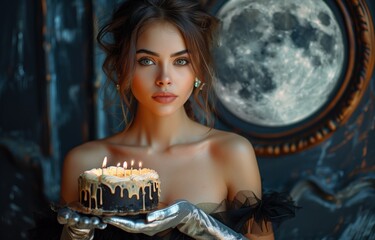 Cute brunette woman holding a birthday cake with candles, in silver gloves and black dress, moonlit background