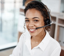 Portrait, call center and smile of business woman on mic for customer service, support and contact us in Mexico. Face, telemarketing consultant and sales agent on headset at help desk for crm advice
