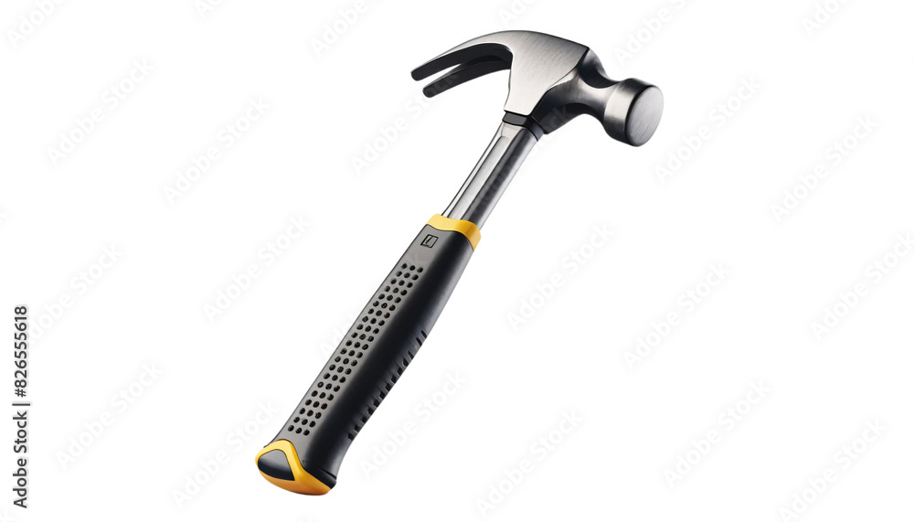 Poster a realistic rendering of a claw hammer on a transparent background. the hammer have a metallic head 