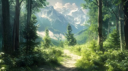 Serene Mountain Trail Winding Through Lush Forest with Sunlit Peaks in the Distance