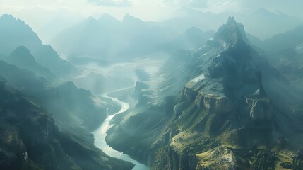 Rugged Mountain Landscape with Winding River and Dramatic Cliffs Showcasing the Raw Power and...