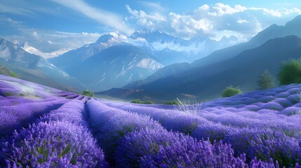 Obraz premium Serene Mountain Landscape with Vibrant Lavender Field and Snow Capped Peaks in the Distance Showcasing the Beauty of Nature