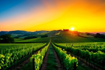 Vivid Vineyard. Gorgeous Orange Sky over Green Vineyard 
