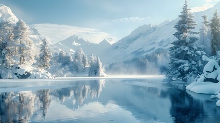 Serene Snowy Mountain Landscape with Frozen Lake and Frosty Peaks in Winter Wonderland