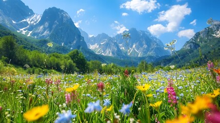 Majestic Mountain Landscape with Vibrant Wildflower Meadow and Serene Sky