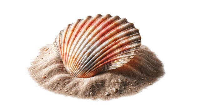 A single scallop shell partially buried in sand on a transparent background