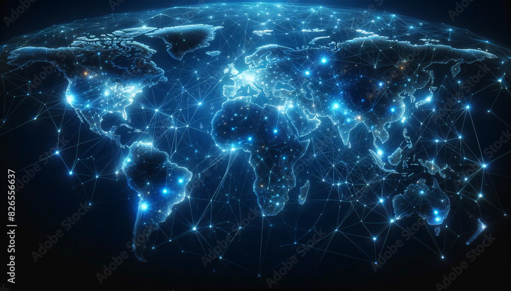 Poster a world map with interconnected nodes and lines on a dark blue background