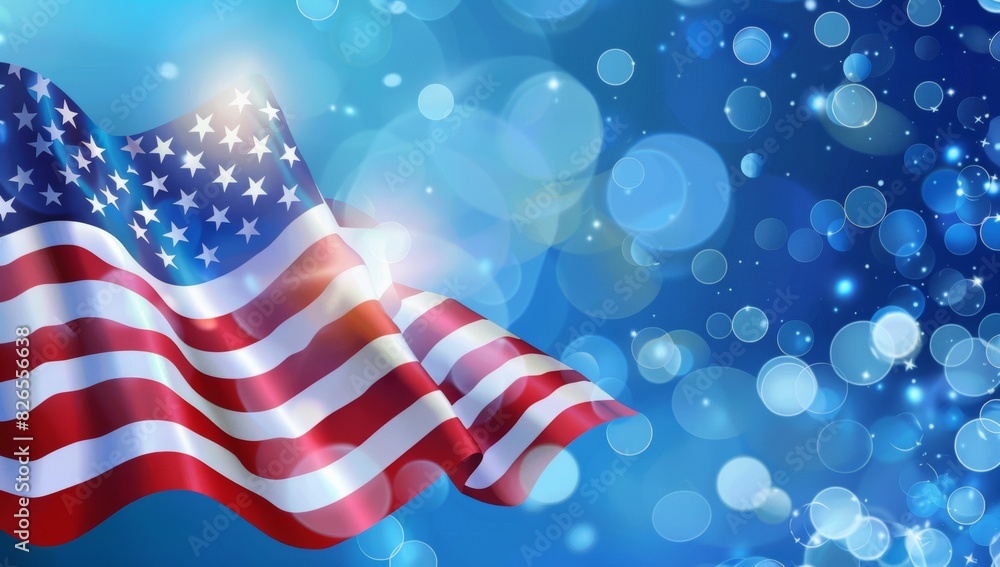 Poster the american flag waving in front of blue bokeh background a banner design for an invitation card wi