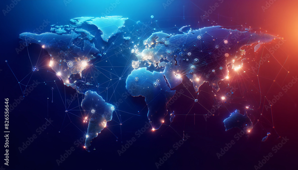 Poster a world map with interconnected nodes and lines on a gradient background