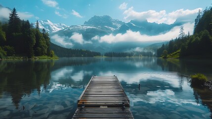 Tranquil Mountain Lake with Wooden Dock and Majestic Reflection Showcasing the Peaceful Beauty of Nature